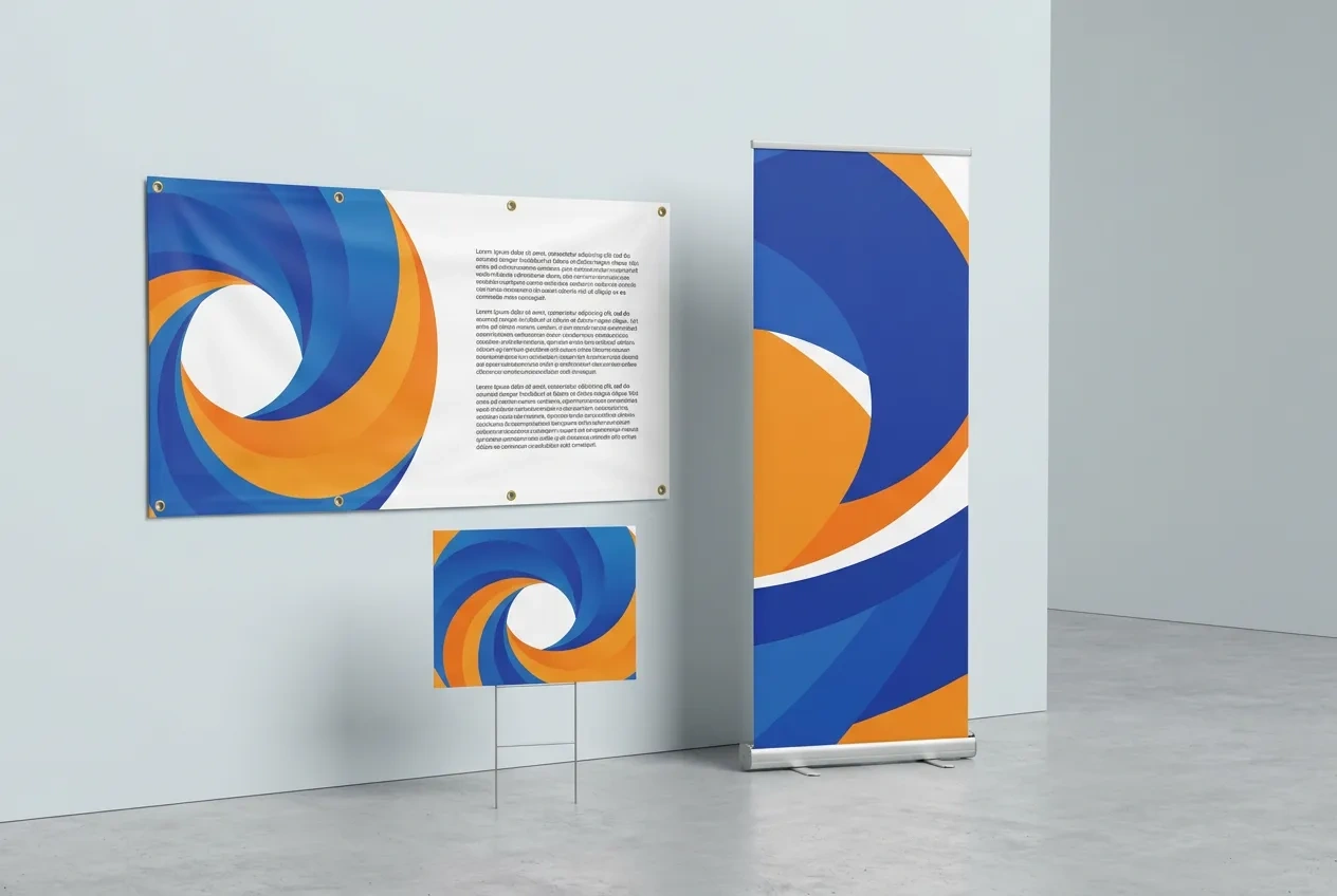 A large full-color vinyl banner with grommets hung on a storefront beside a retractable banner stand