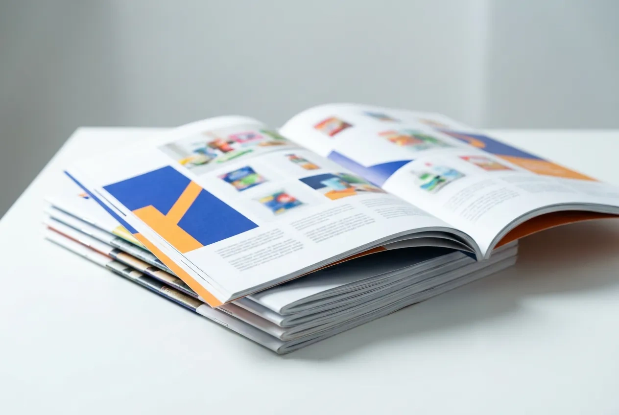 Saddle-stitched product catalogs stacked with one open to a full-color spread