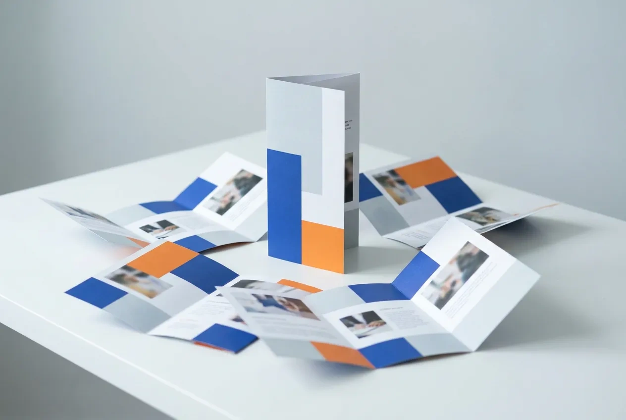 Tri-fold brochures fanned open to show full-color interior panels on a white surface