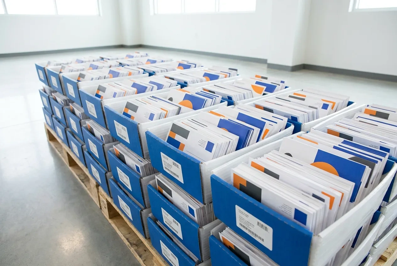 Trays of presorted bulk mail with USPS tray tags lined up on a pallet for entry at a mail processing facility