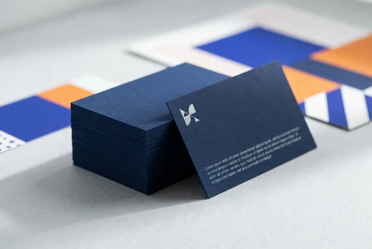 A neat stack of thick matte business cards with a single card propped against it
