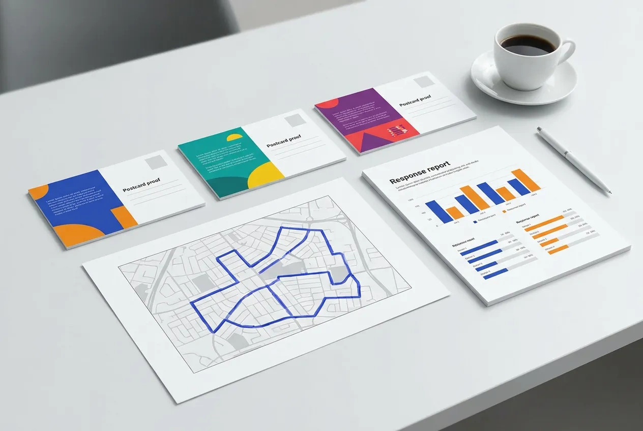 A campaign planning table with postcard proofs, a route map and a printed response report