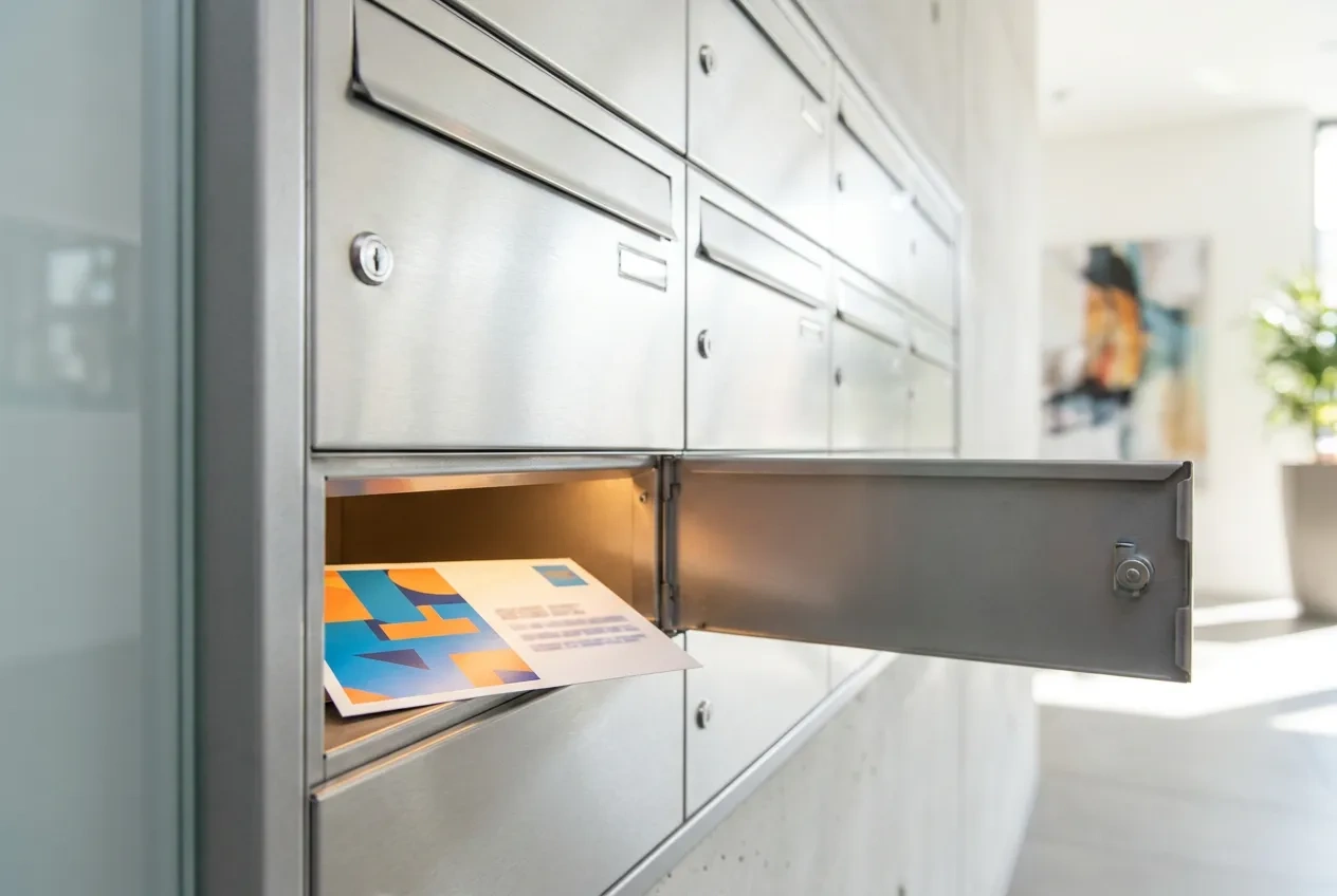 A bank of apartment mailboxes in a building lobby with a full-color postcard visible in an open slot
