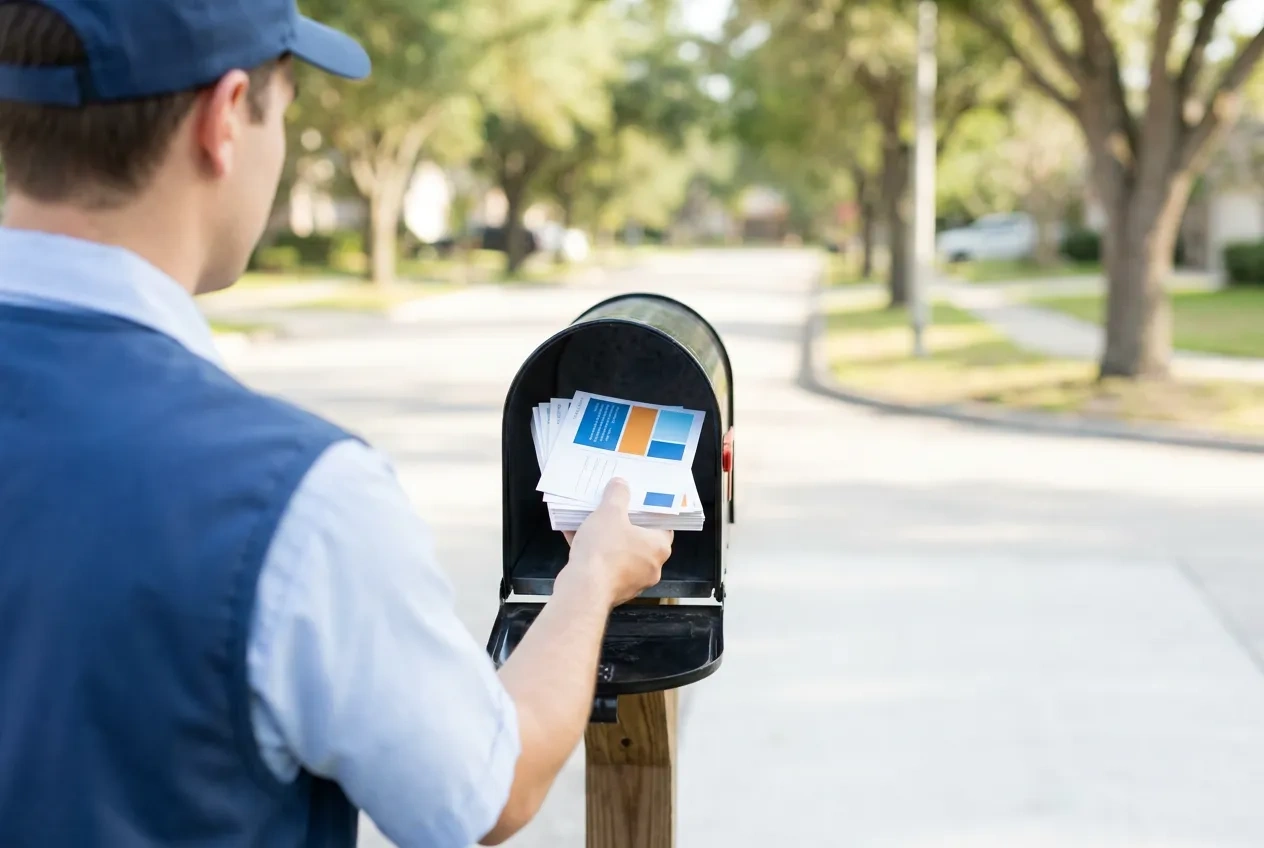 A USPS letter carrier delivering a bundle of postcards to a residential mailbox on a tree-lined street