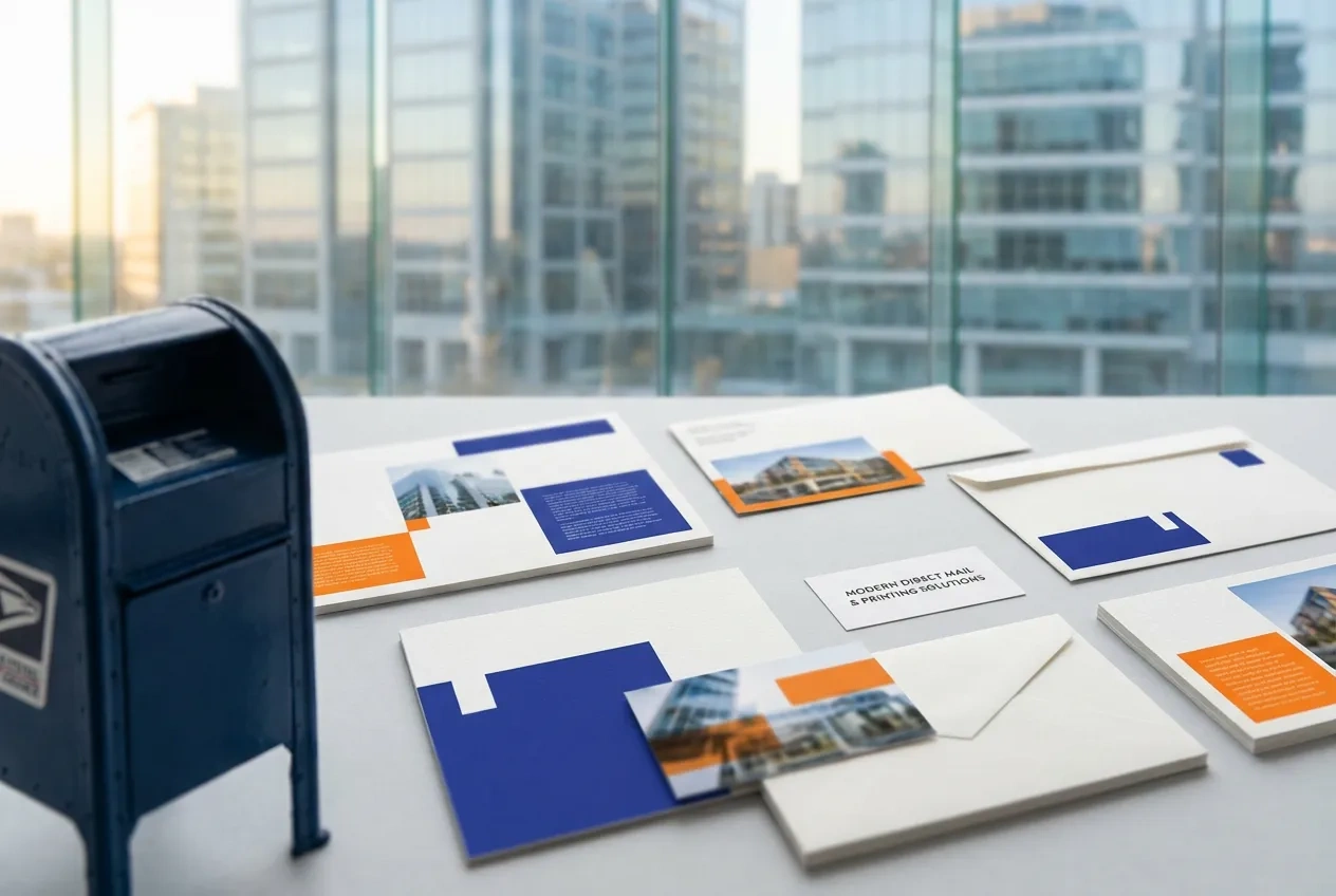 A blue USPS collection box on a downtown sidewalk with office towers behind it in morning light
