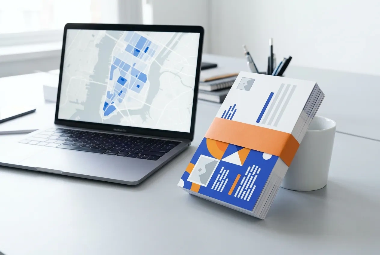A laptop showing selected carrier routes on a neighborhood map beside a stack of EDDM postcards