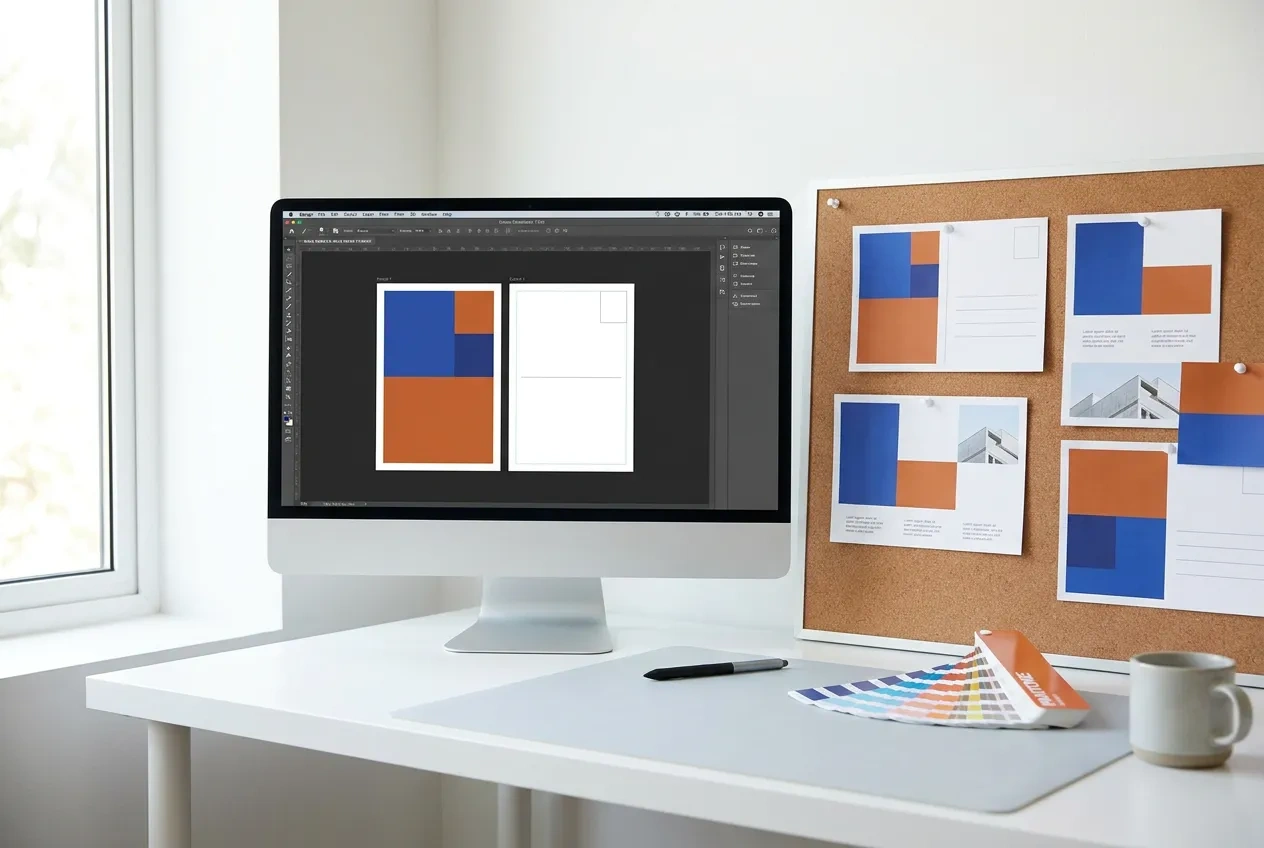 A designer laying out a two-sided postcard on a large monitor with printed proofs pinned beside it