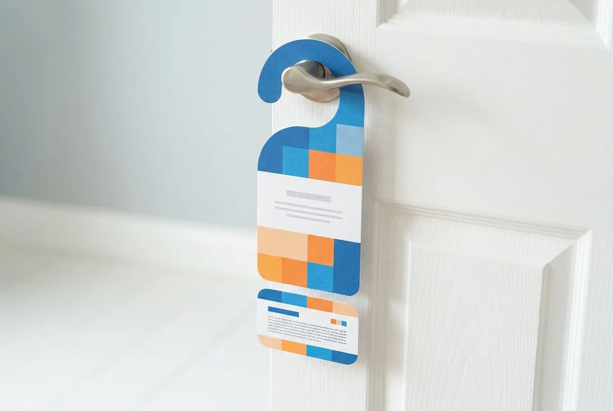 A full-color printed door hanger hanging from the handle of a front door with a tear-off coupon at the bottom