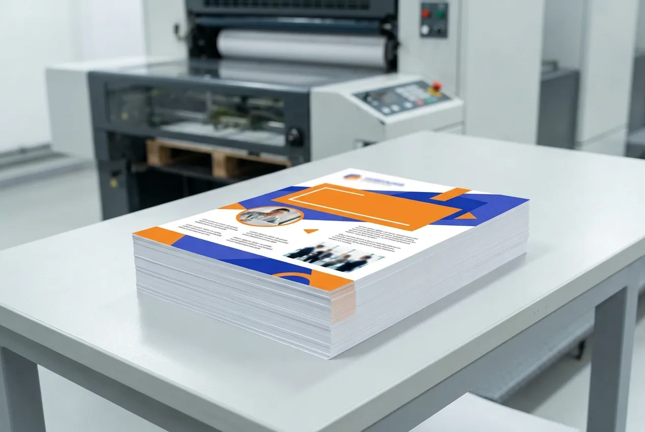 A stack of freshly printed 8.5 by 11 full-color promotional flyers on a press delivery table
