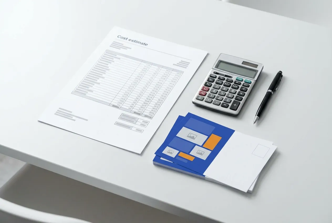A printed direct mail cost estimate beside a calculator and a stack of postcards