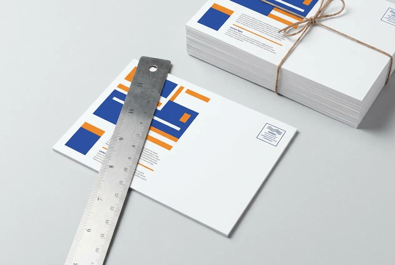 An EDDM postcard with the indicia and Local Postal Customer block, a ruler across it showing the 6.25 inch height