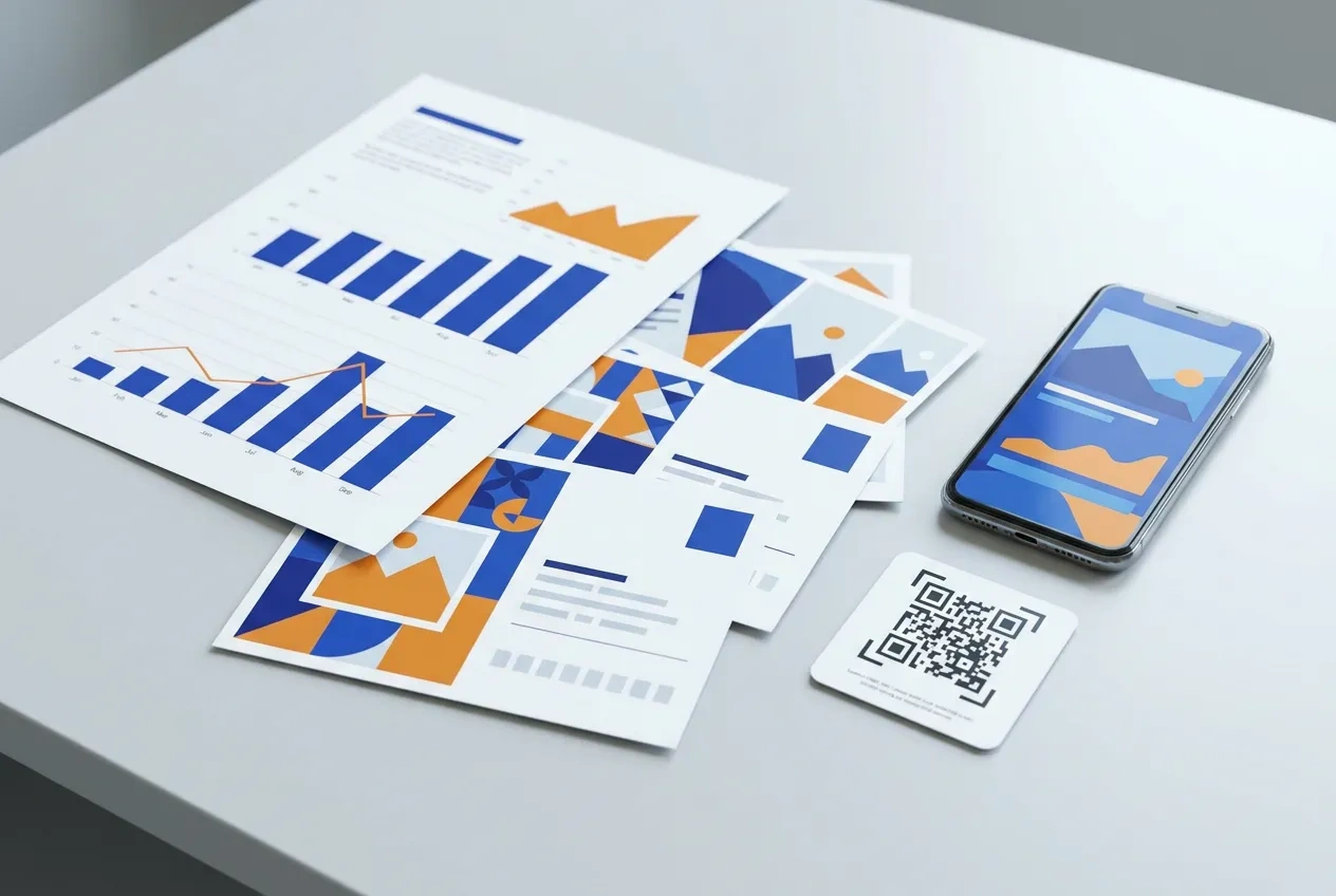 A response report showing calls and QR scans by drop laid over a set of mailed postcards