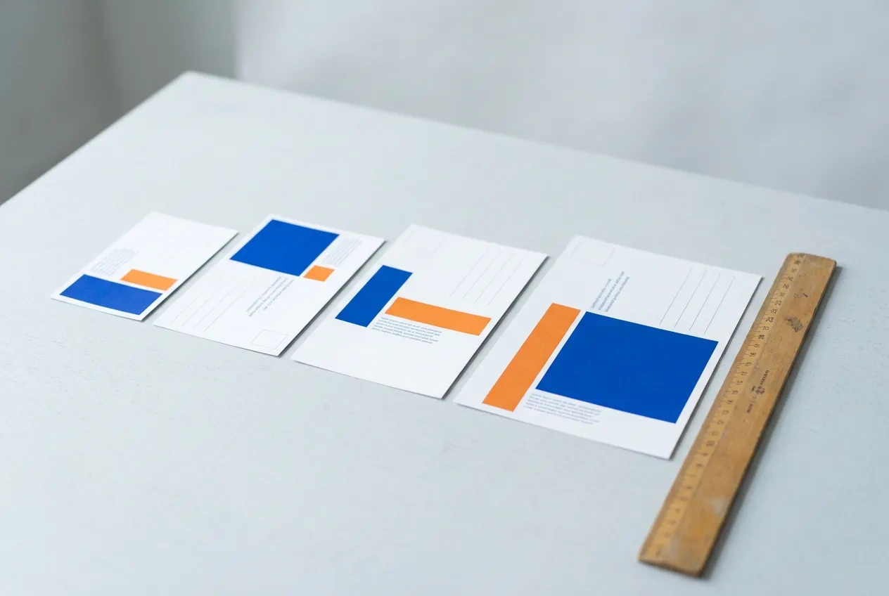 Postcards in four sizes laid out in a row on a white table with a ruler alongside