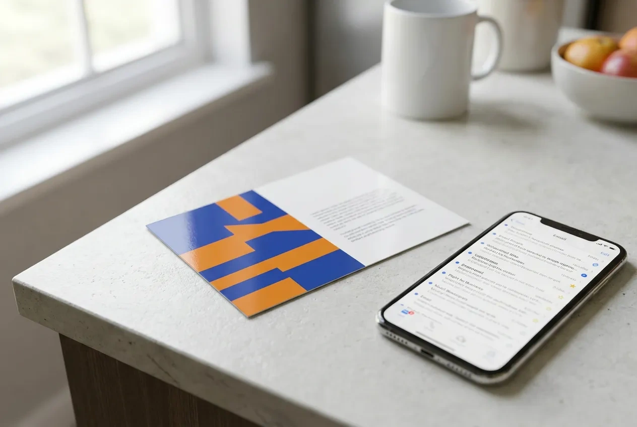 A postcard on a kitchen table next to a phone showing a crowded email inbox