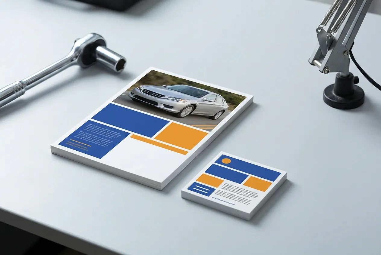 An automotive service reminder postcard with a car photo and an oil change coupon on a workbench