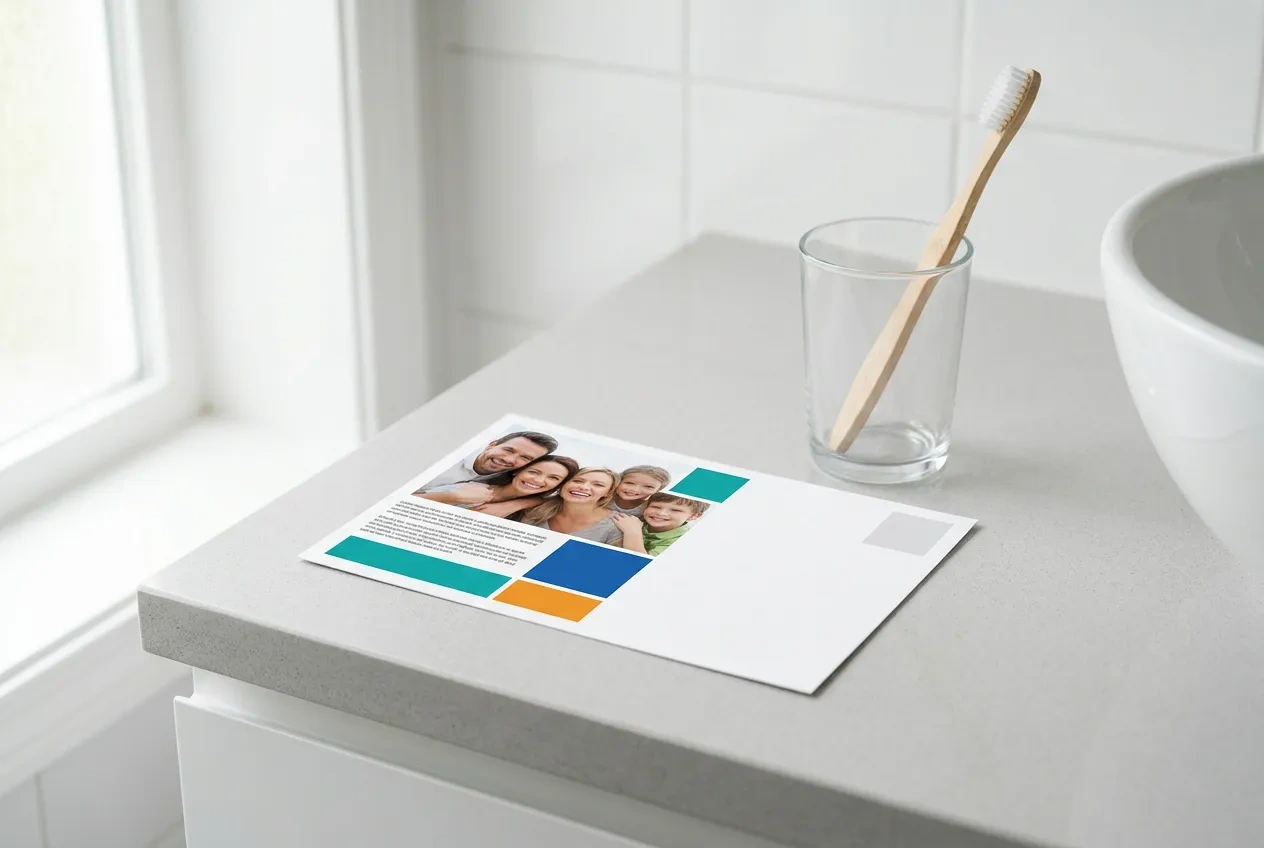 A dental practice new patient postcard with a smiling family photo beside a toothbrush on a bathroom counter
