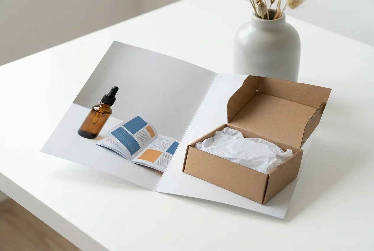 A branded product postcard and a small lookbook catalog beside an open shipping box