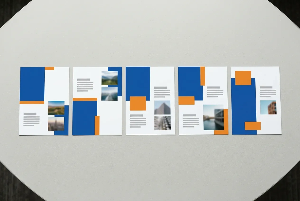 Versions of the same branded postcard for several store locations laid side by side on a conference table