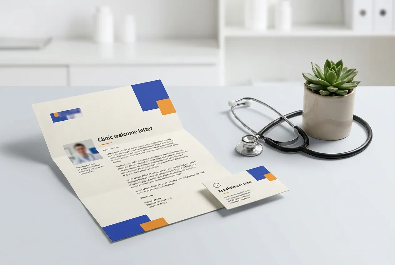 A clinic welcome letter and appointment card on a desk beside a stethoscope