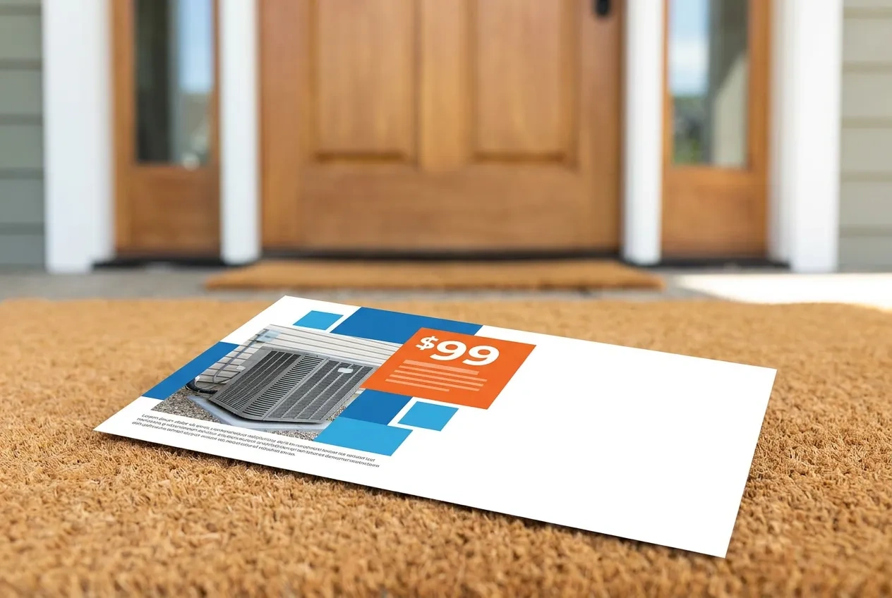 An HVAC tune-up offer postcard on a doormat in front of a suburban home