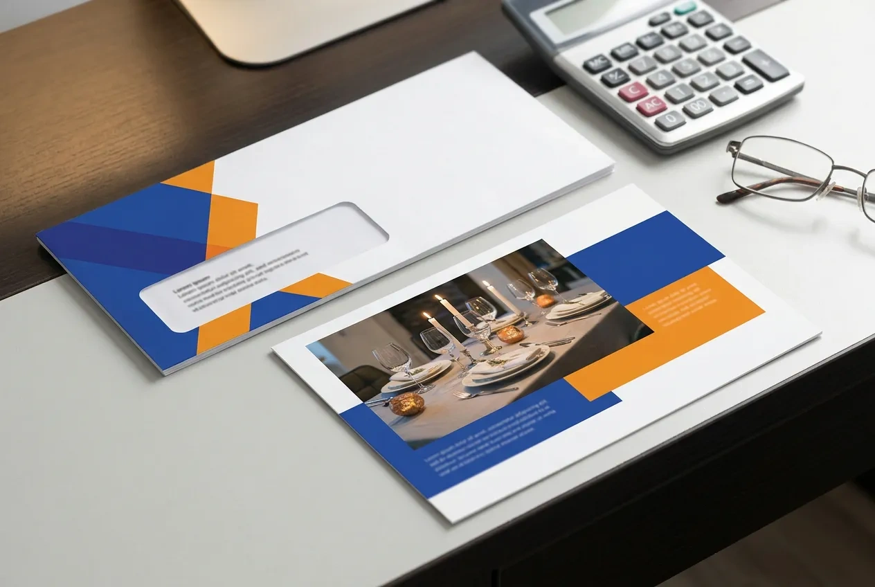 A financial services letter with a rate offer and a seminar invitation postcard on a desk beside a calculator