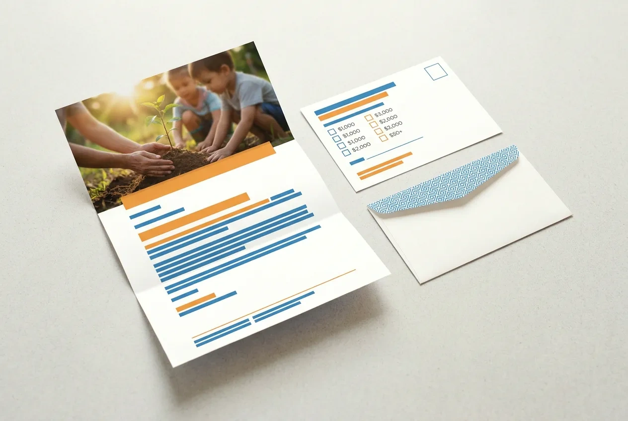 A nonprofit fundraising appeal letter with a reply card and return envelope laid out on a wooden table