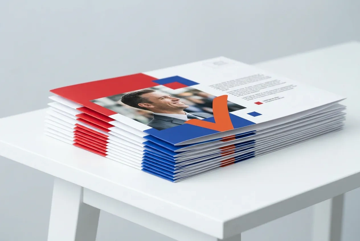 A stack of oversized political campaign mailers with a candidate photo and a vote-by date