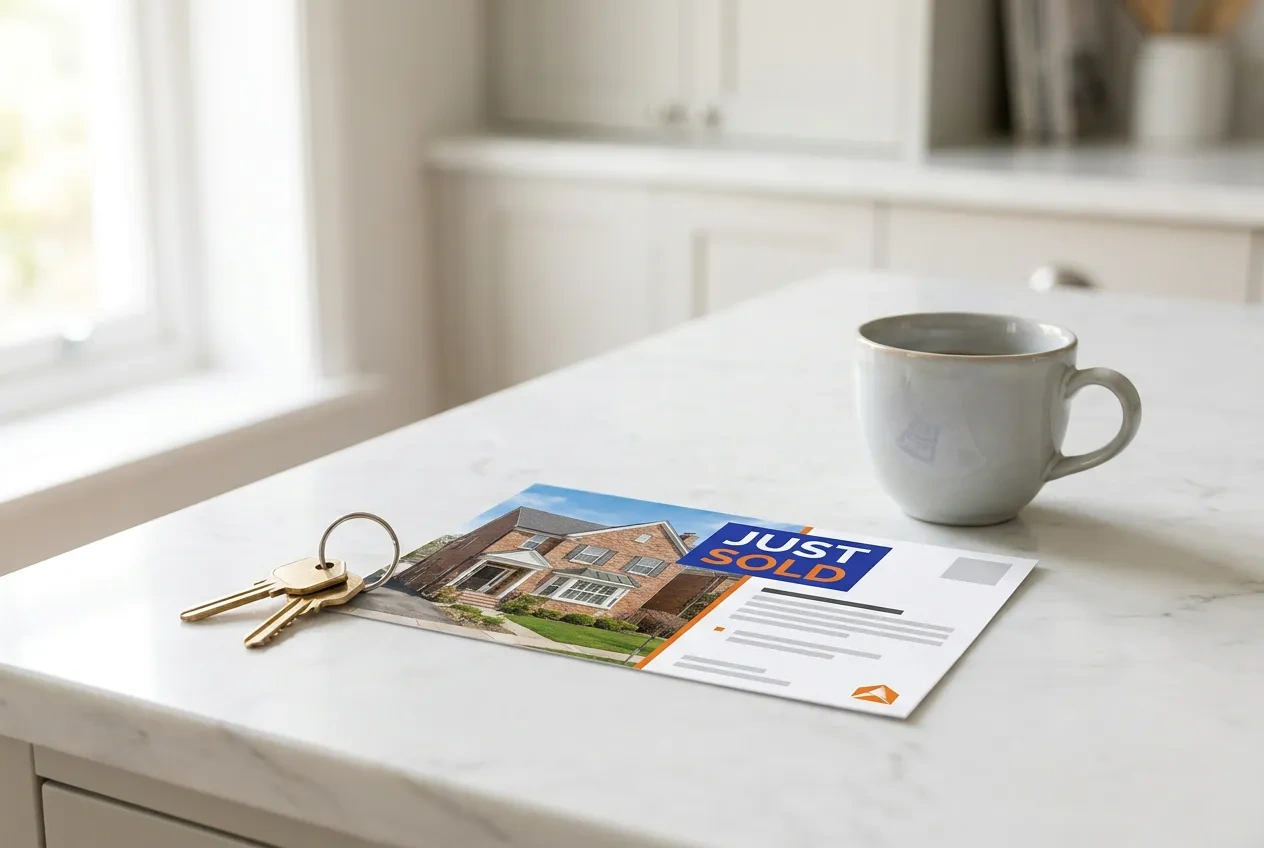 A just-sold real estate postcard with a home photo lying on a kitchen counter beside house keys