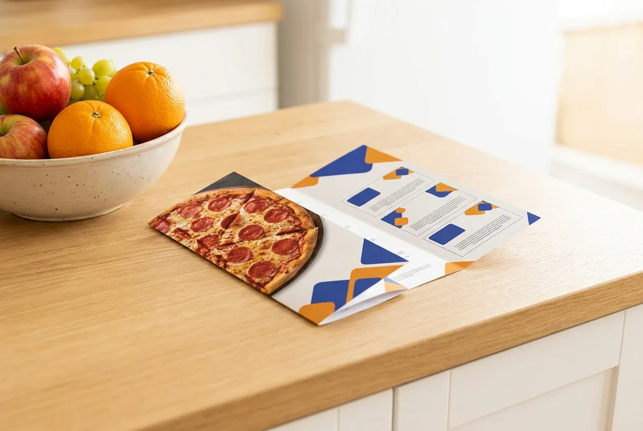 A folded restaurant takeout menu mailer with a pizza photo and coupons on a kitchen counter