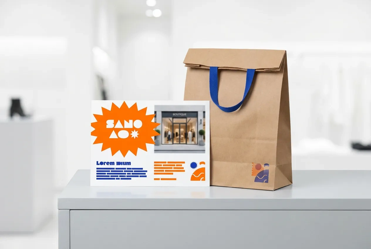 A grand opening sale postcard for a retail shop with a coupon code, lying on a store counter