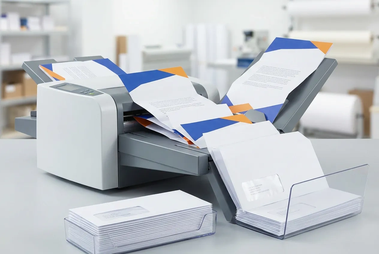 Personalized business letters being folded and inserted into white number 10 window envelopes