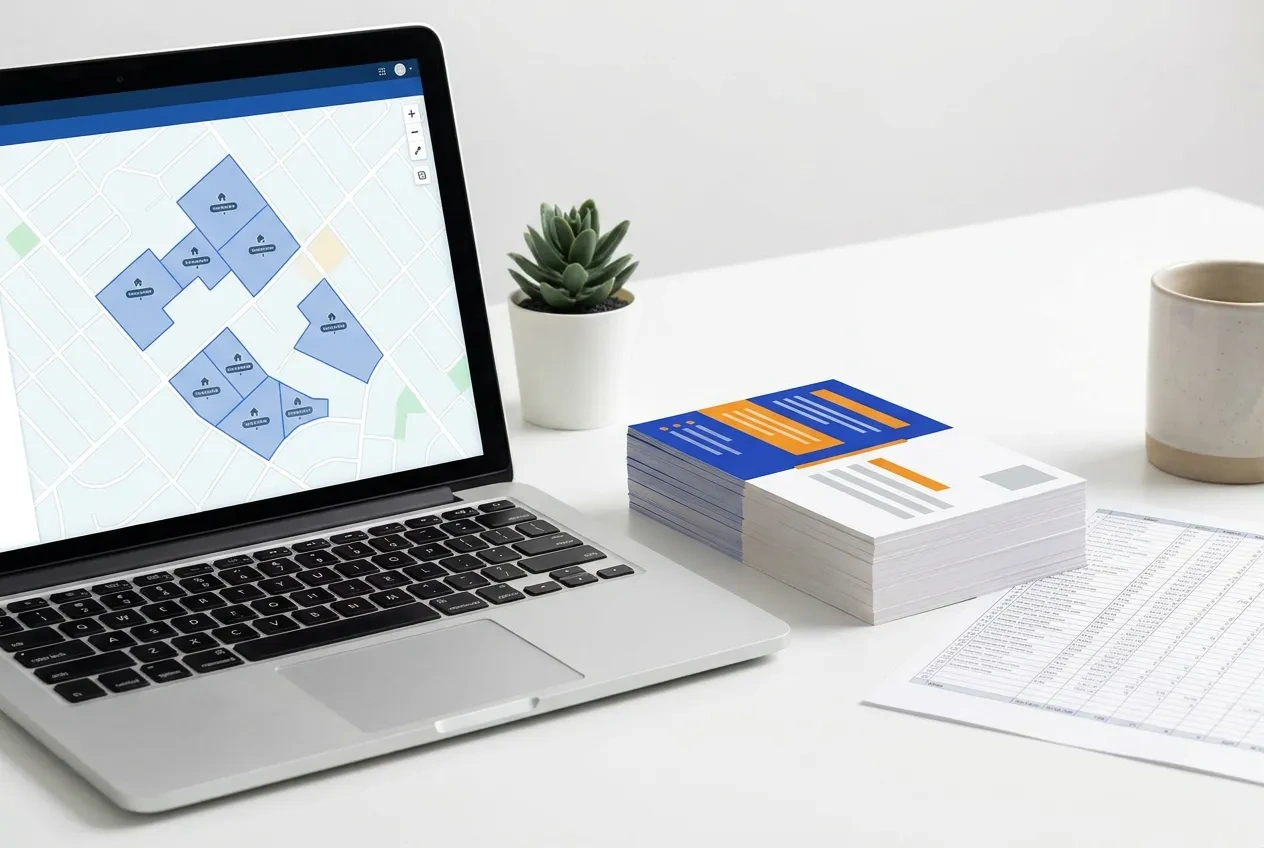 A neighborhood map with selected carrier routes and household markers on a laptop beside sample postcards