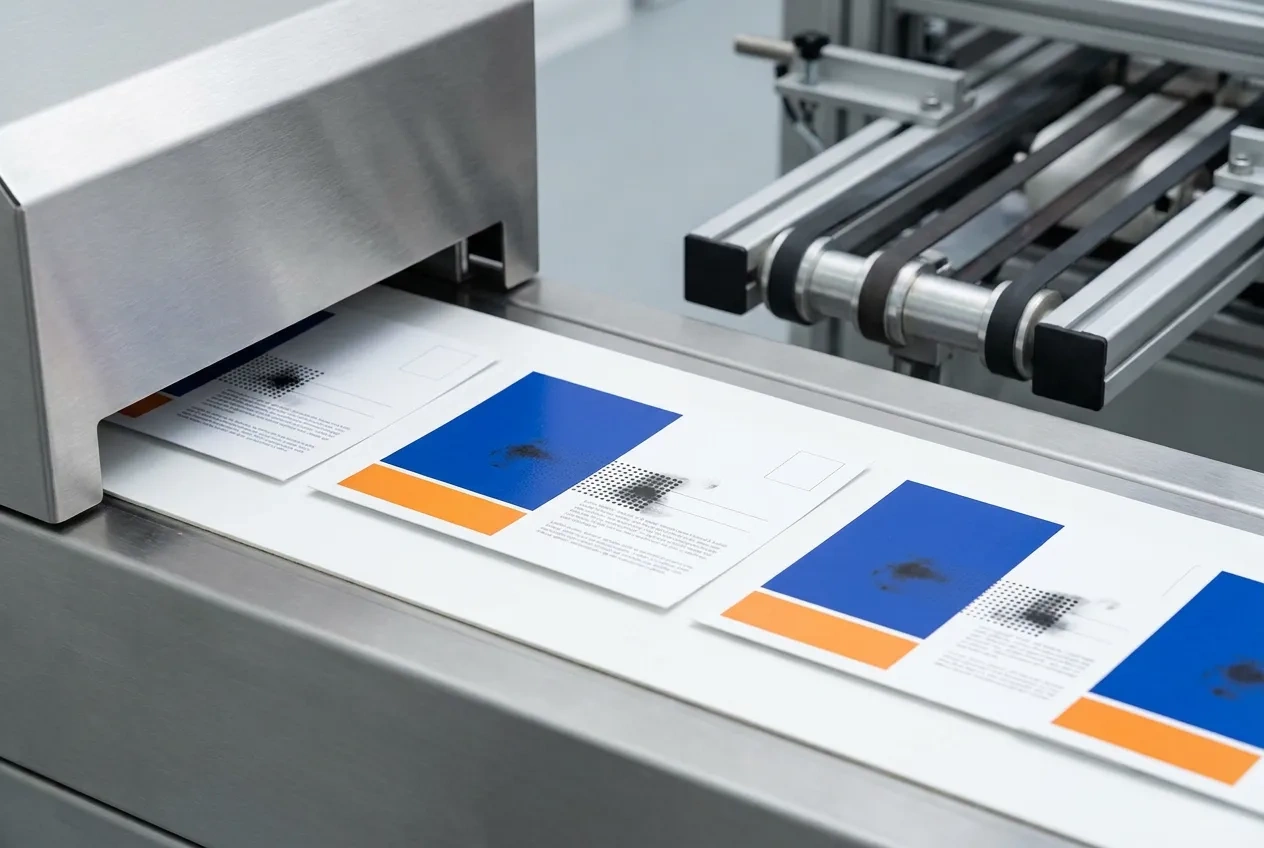 Addressed postcards moving through an inkjet addressing line in a mail production facility