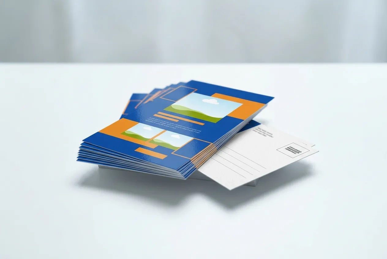 Stack of full-color 6x11 direct mail postcards fanned across a white desk beside a mailing envelope