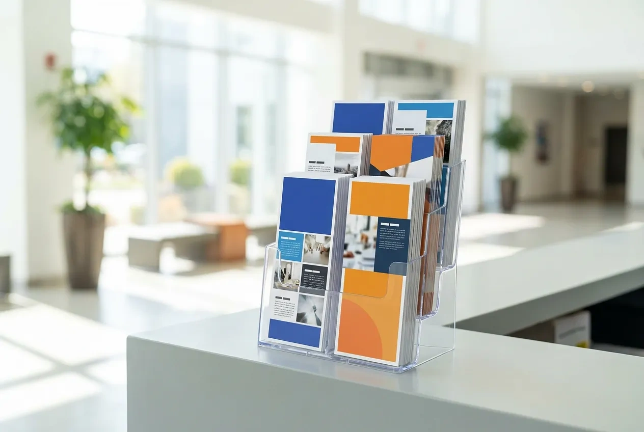 Full-color 4 by 9 rack cards displayed in a clear acrylic take-one rack on a reception counter