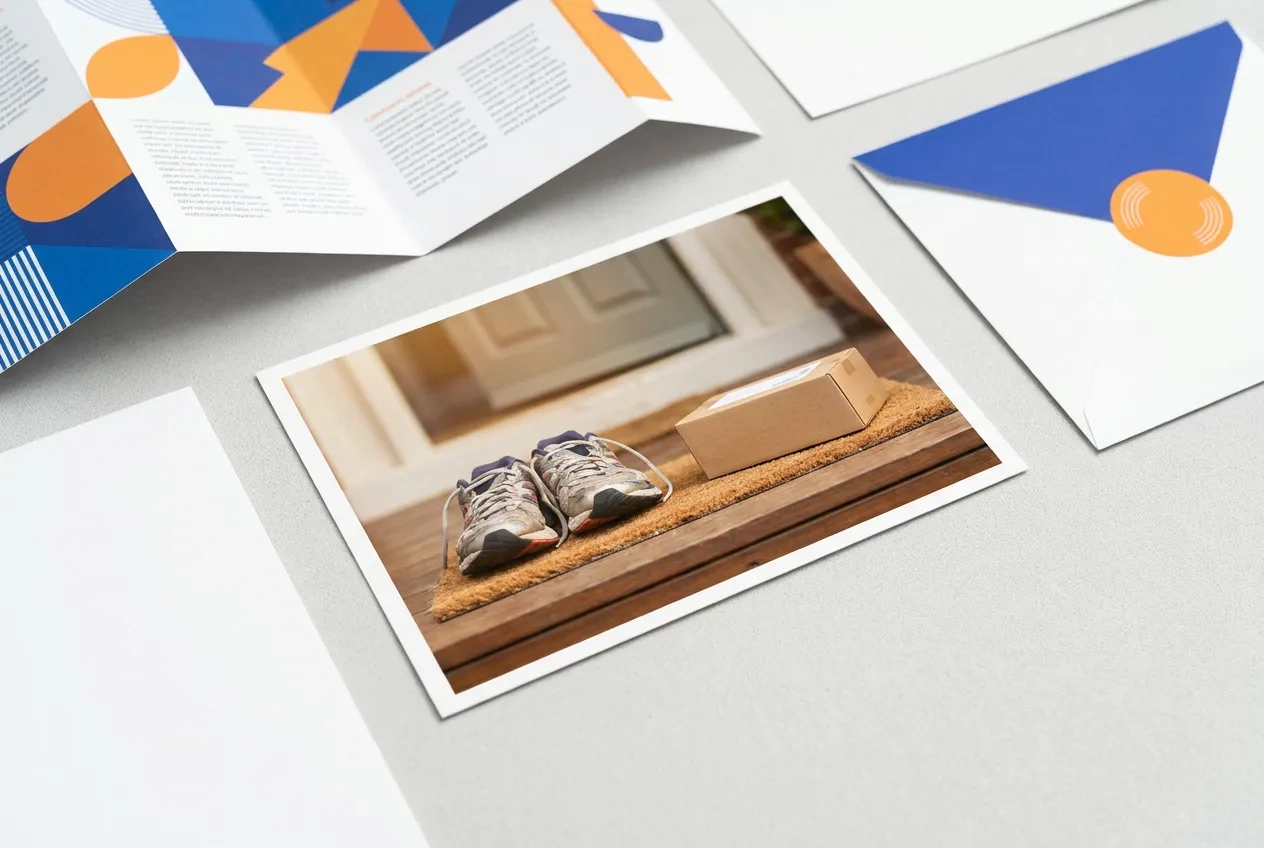 A postcard showing a product left in an online cart, lying on a doormat beside a delivered parcel