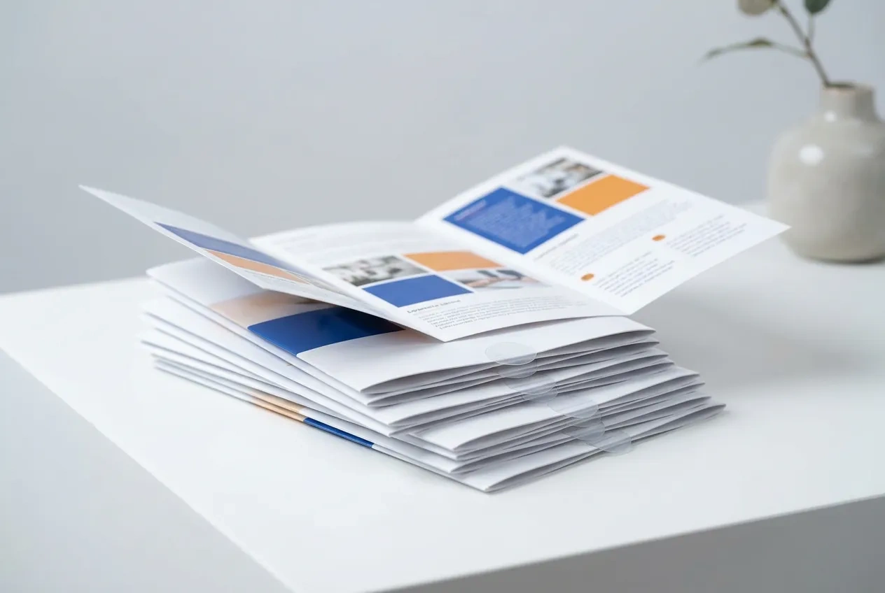 Folded tri-fold brochure mailers with wafer seal tabs stacked on a production table