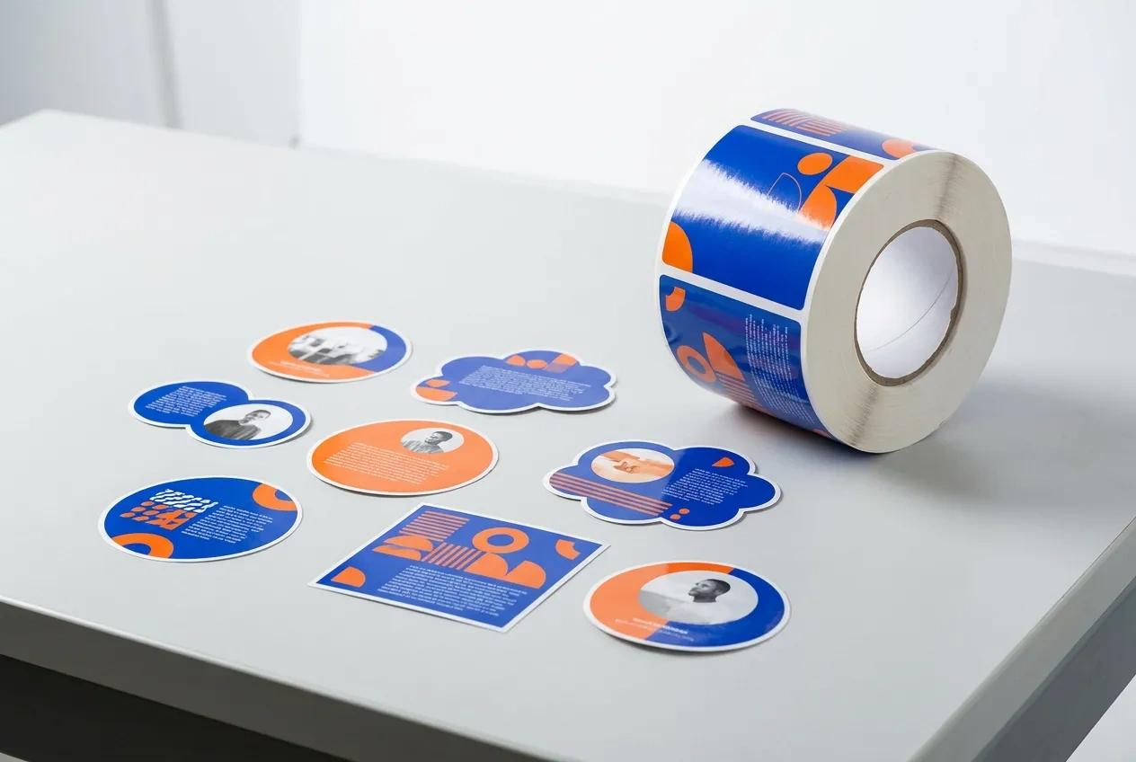 Die-cut vinyl stickers and a roll of glossy product labels on a workbench